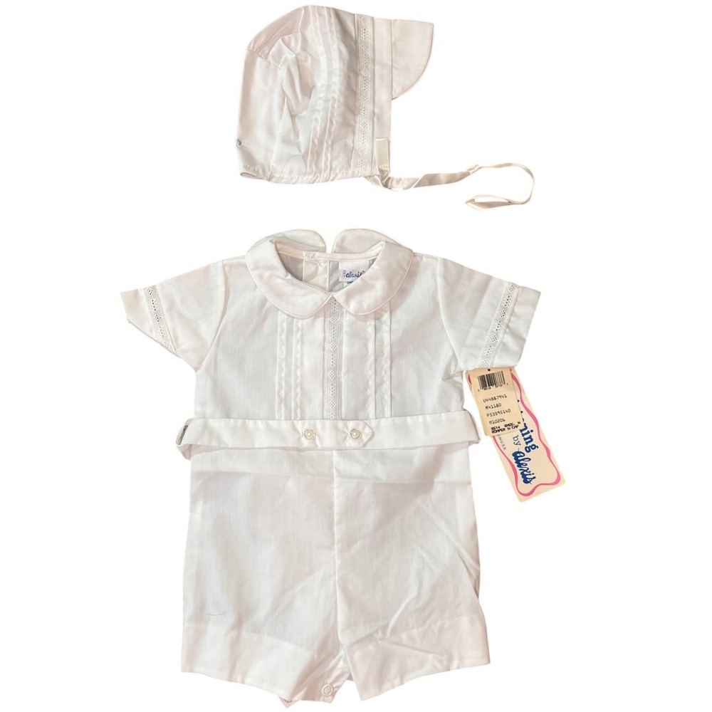 Vintage Alexis Christening Romper Bonnet Set White Eyelet 6 Months NWT Made USA